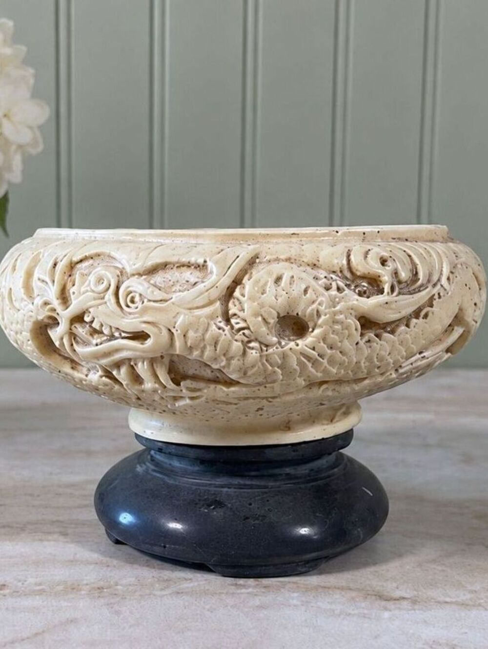 Vintage A. Santini Italy Carved Floral Dragon Pedestal Bowl